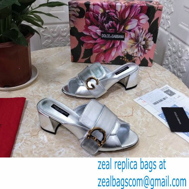 Dolce  &  Gabbana Heel 6.5cm Leather Sliders Silver With Baroque D & G Logo 2021